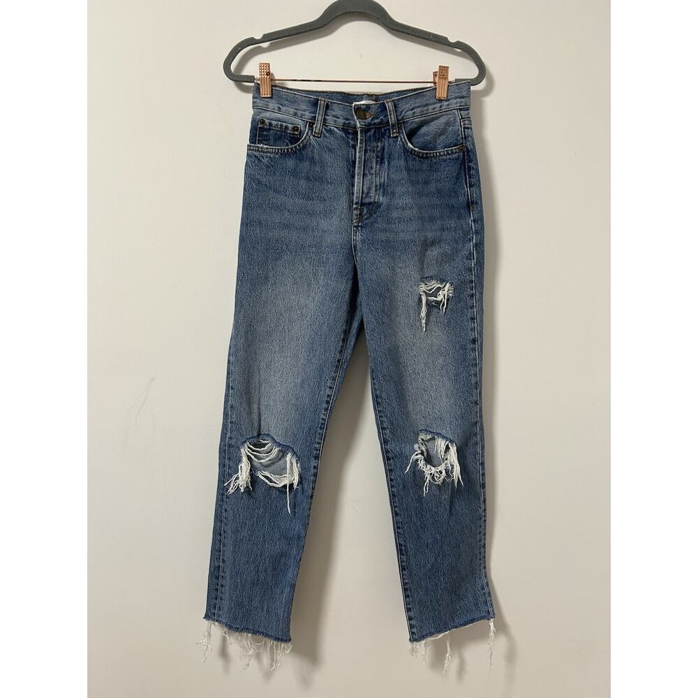 Anine Bing Straight Leg Jeans High Rise 100% Cotton Blue Raw Hem Distressed 25